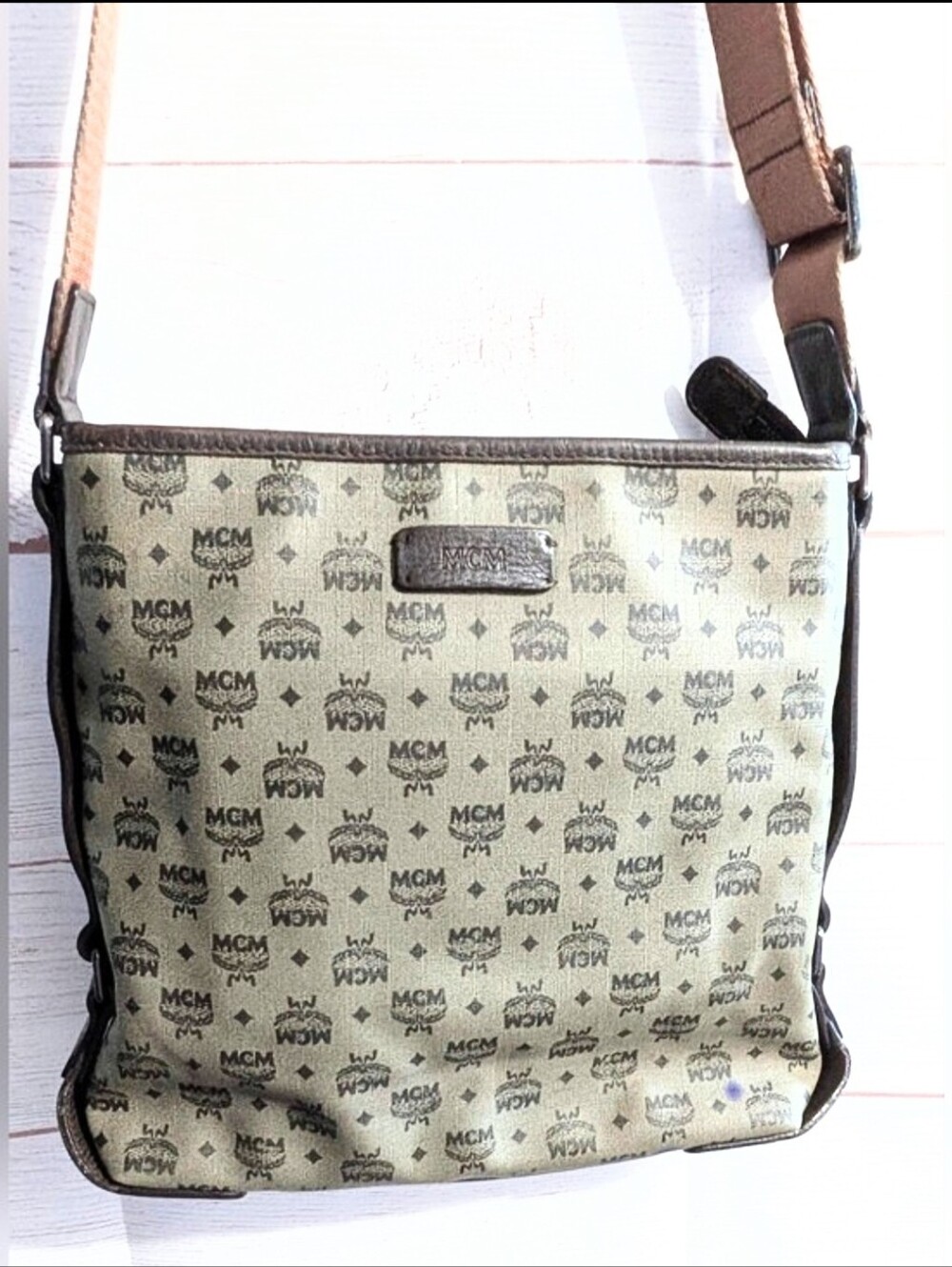 Vintage MCM Monogram Messenger Bag with Brown Trim